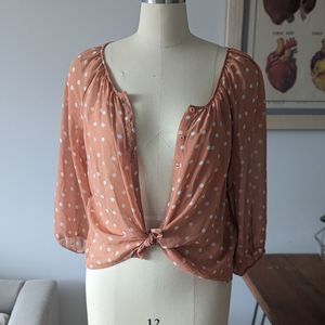 $5 in bundle - oversized Peach polka dot blouse XS